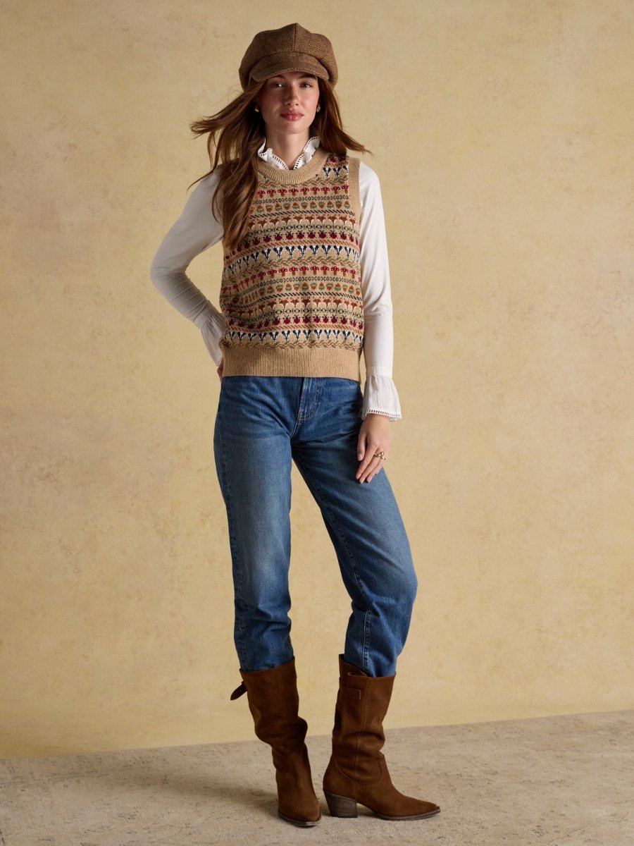 Woodland Oatmeal Intarsia Crew Neck Knitted Vest - RUTHERFORD & Co