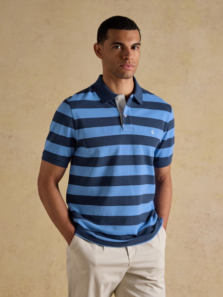 Woody Blue & Navy Stripe Cotton Pique Polo Shirt - RUTHERFORD & Co