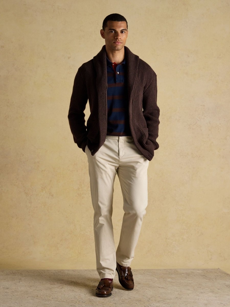 Woody Brown/Navy Cotton Pique Polo Shirt - RUTHERFORD & Co