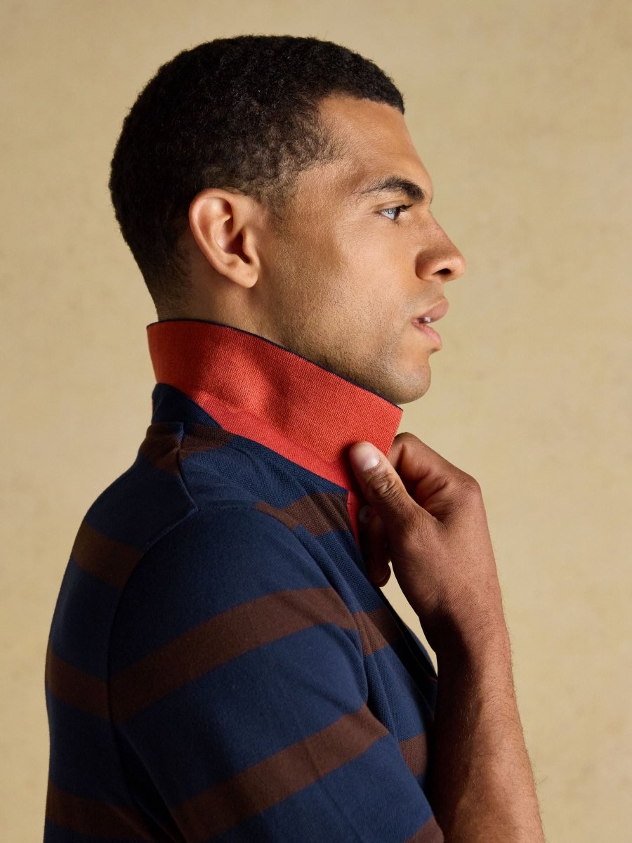 Woody Brown/Navy Cotton Pique Polo Shirt - RUTHERFORD & Co