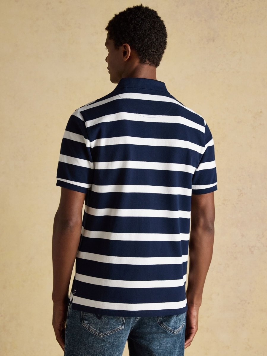 Woody Navy & White Striped Cotton Pique Polo Shirt - RUTHERFORD & Co