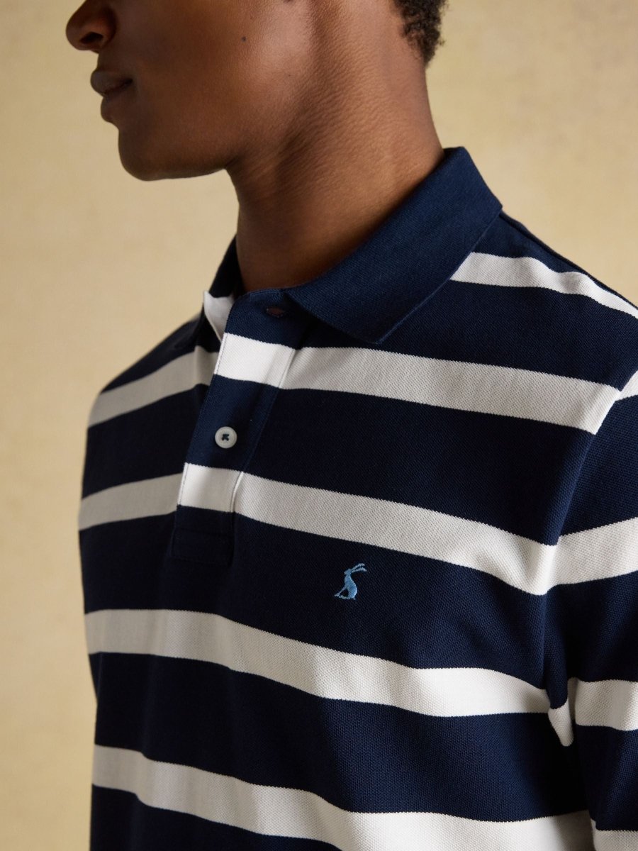 Woody Navy & White Striped Cotton Pique Polo Shirt - RUTHERFORD & Co