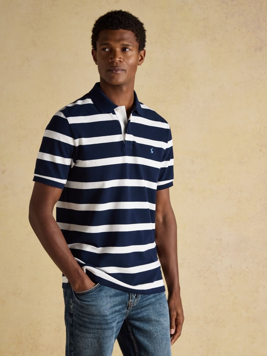 Woody Navy & White Striped Cotton Pique Polo Shirt - RUTHERFORD & Co