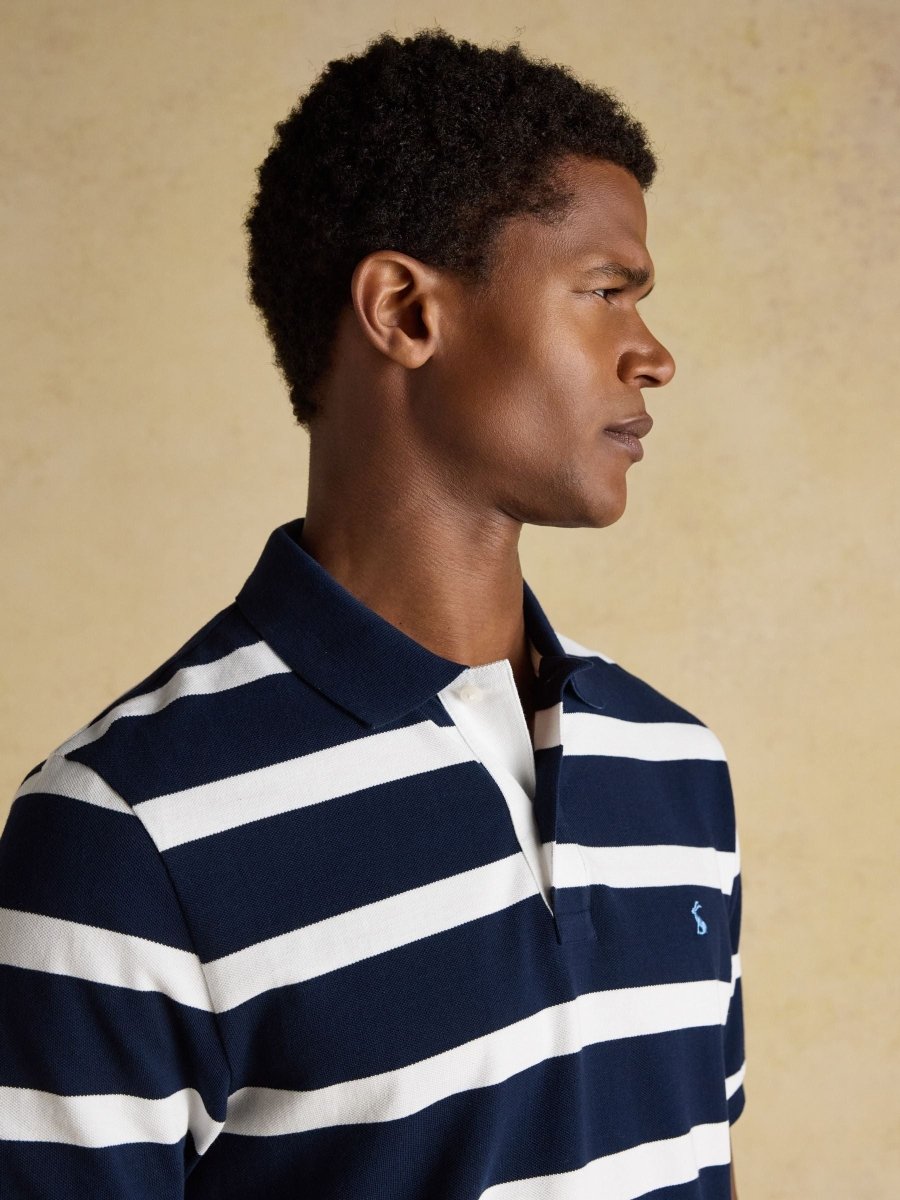 Woody Navy & White Striped Cotton Pique Polo Shirt - RUTHERFORD & Co