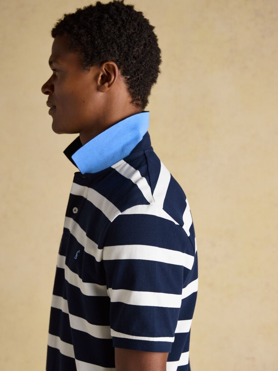 Woody Navy & White Striped Cotton Pique Polo Shirt - RUTHERFORD & Co