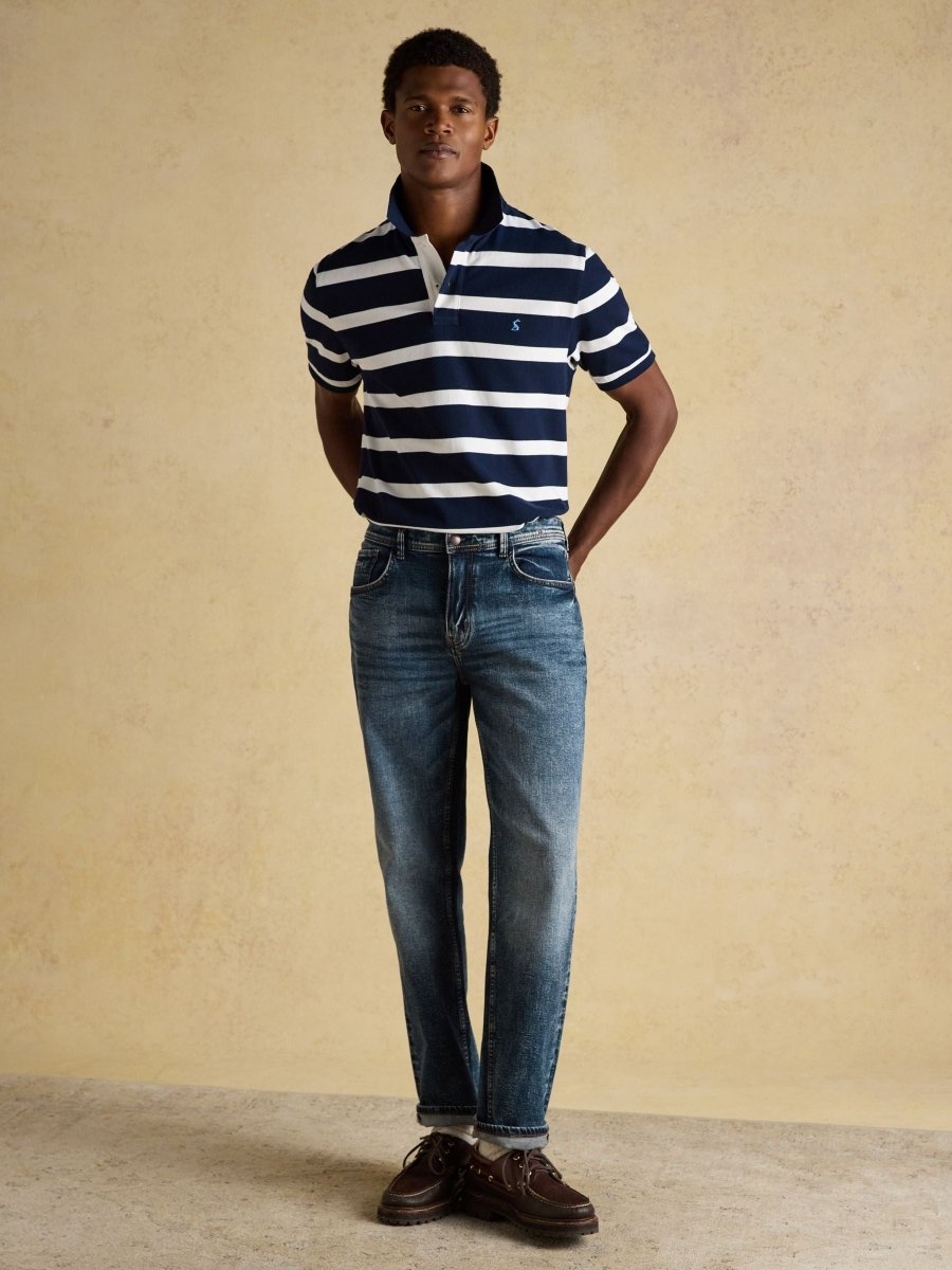 Woody Navy & White Striped Cotton Pique Polo Shirt - RUTHERFORD & Co