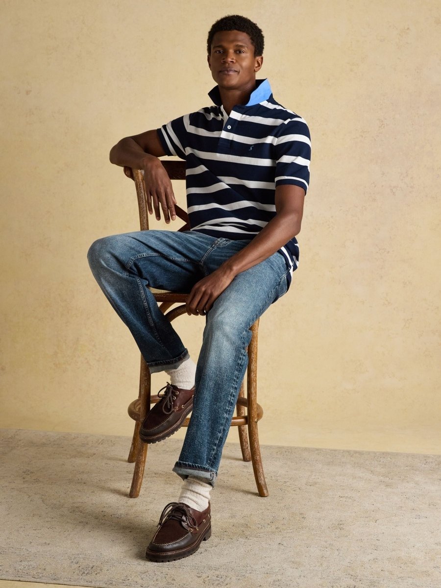 Woody Navy & White Striped Cotton Pique Polo Shirt - RUTHERFORD & Co