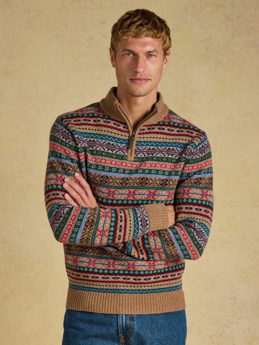 Wool Rich Fair Isle Quarter Zip Jumper - Multi - RUTHERFORD & Co