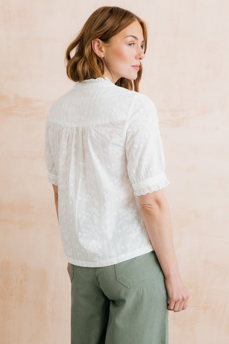 Wren Embroidered Cotton Frill Blouse White - RUTHERFORD & Co