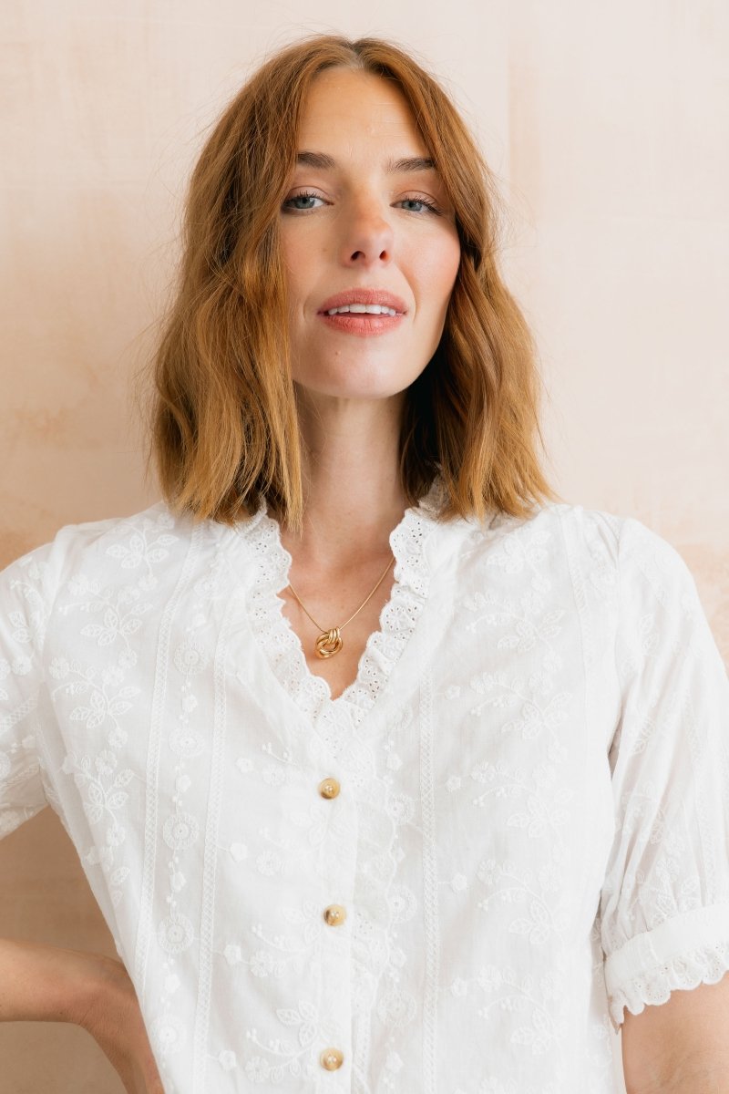 Wren Embroidered Cotton Frill Blouse White - RUTHERFORD & Co