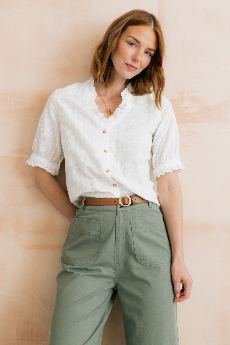 Wren Embroidered Cotton Frill Blouse White - RUTHERFORD & Co