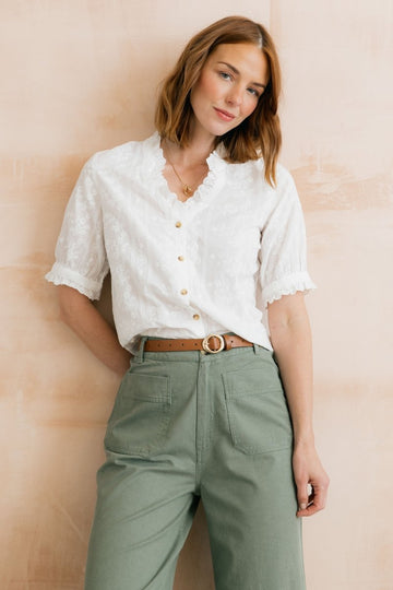 Wren Embroidered Cotton Frill Blouse White - RUTHERFORD & Co