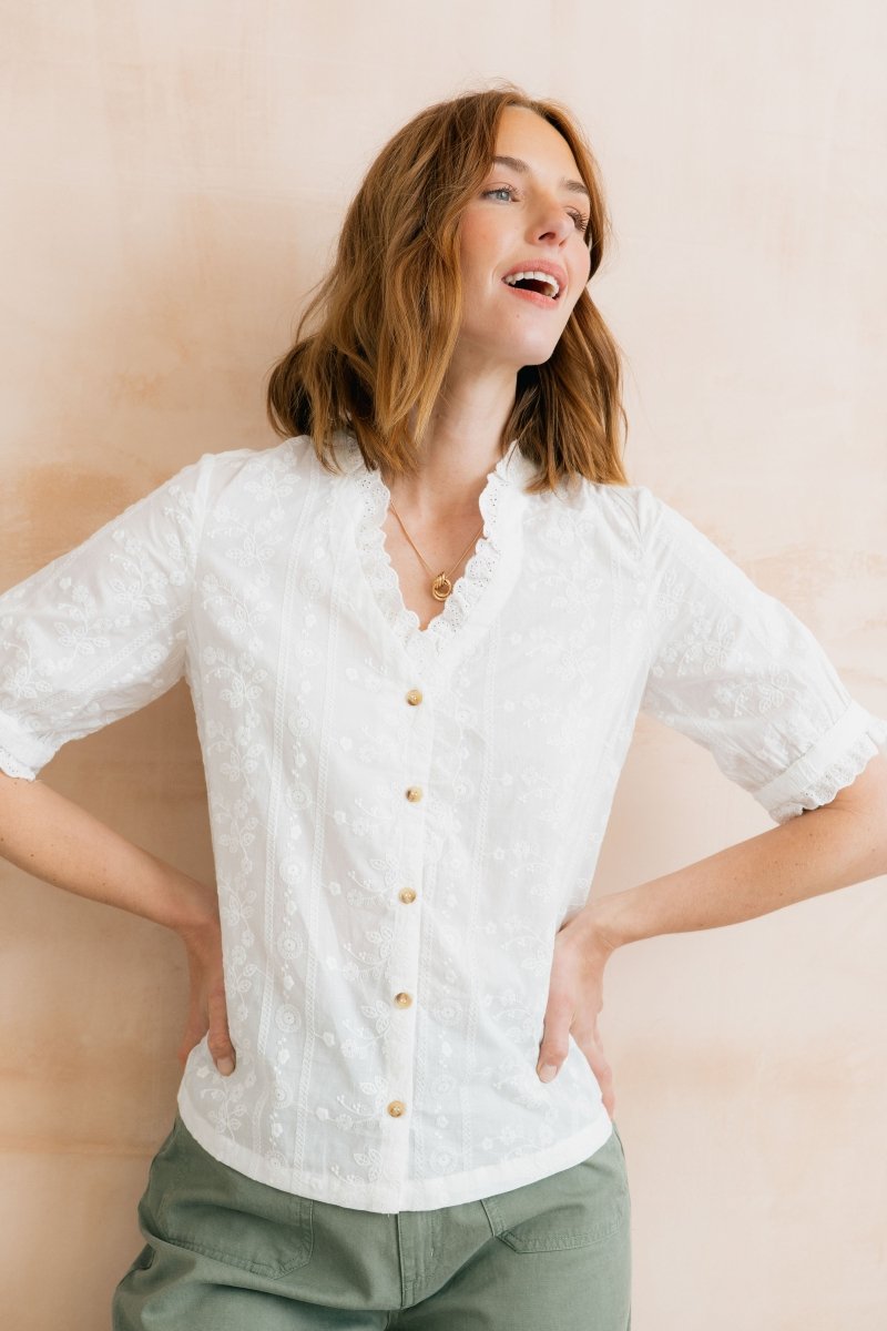 Wren Embroidered Cotton Frill Blouse White - RUTHERFORD & Co
