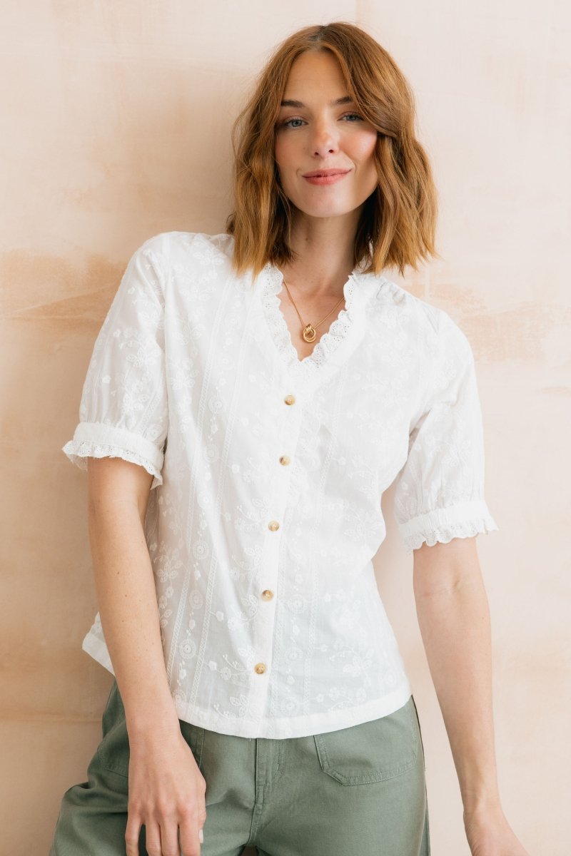 Wren Embroidered Cotton Frill Blouse White - RUTHERFORD & Co