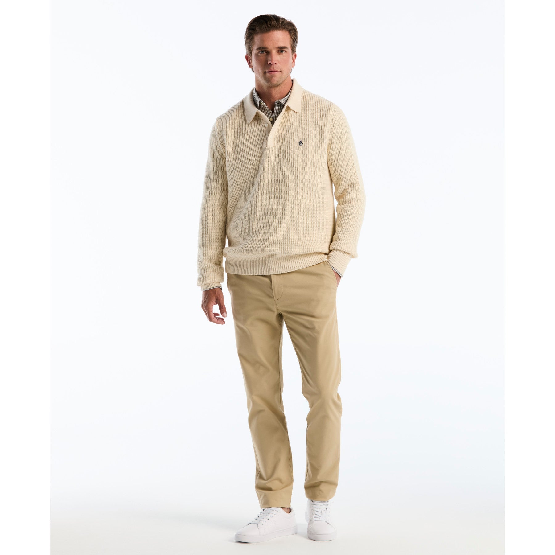Half Cardigan Long Sleeve Sweater Polo In Birch