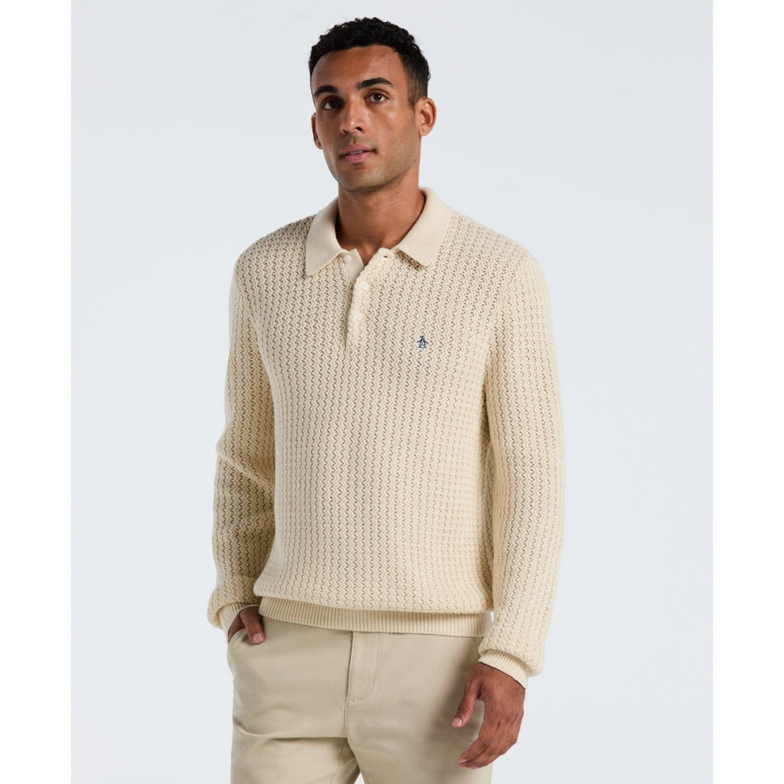 Zigzag Stitch Long Sleeve Sweater Polo In Birch - RUTHERFORD & Co