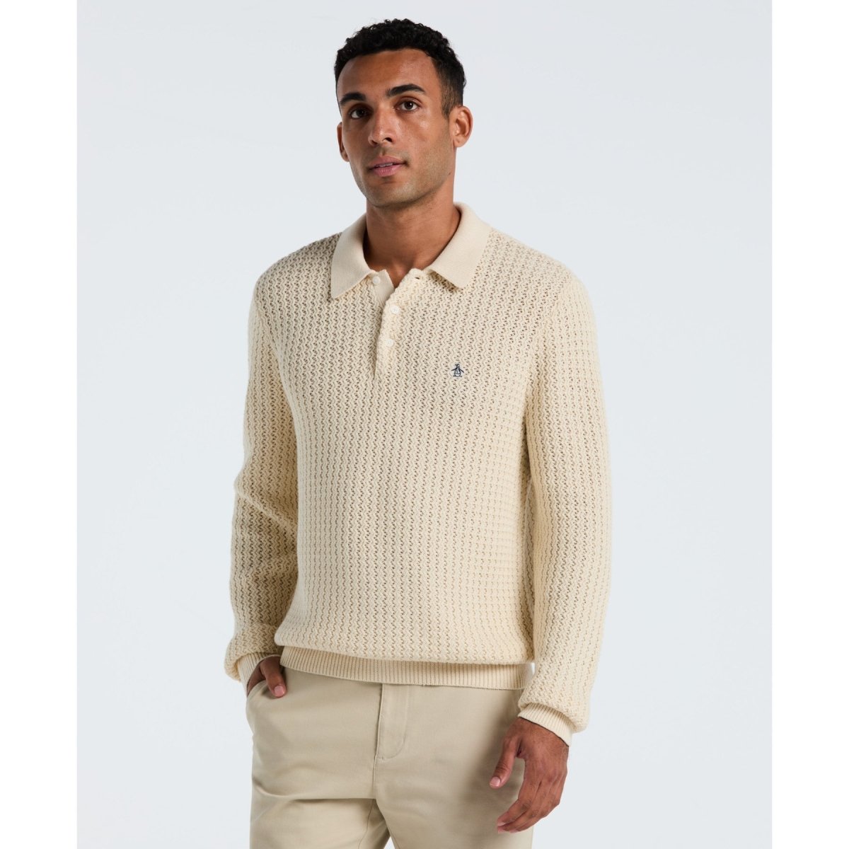 Zigzag Stitch Long Sleeve Sweater Polo In Birch - RUTHERFORD & Co