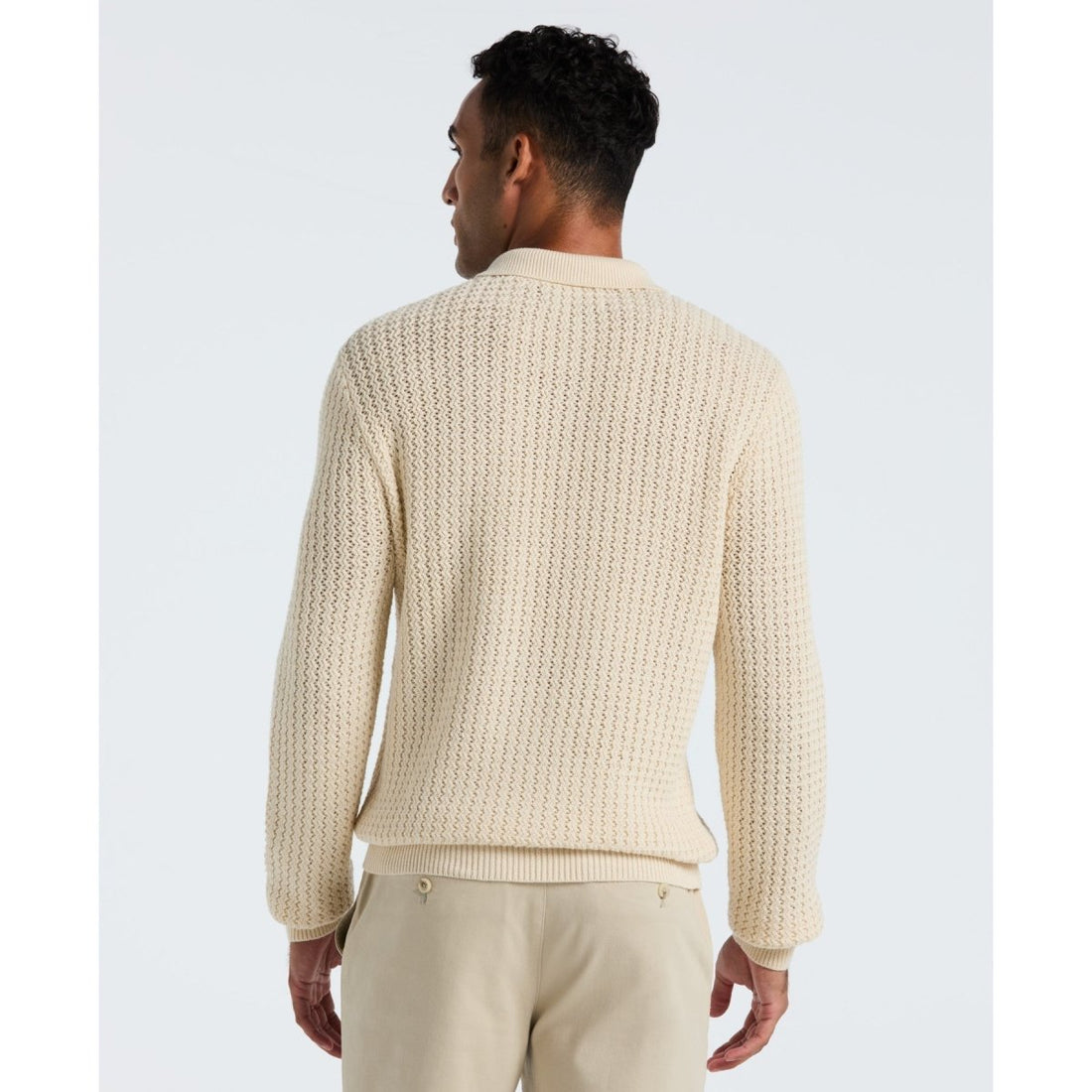 Zigzag Stitch Long Sleeve Sweater Polo In Birch - RUTHERFORD & Co