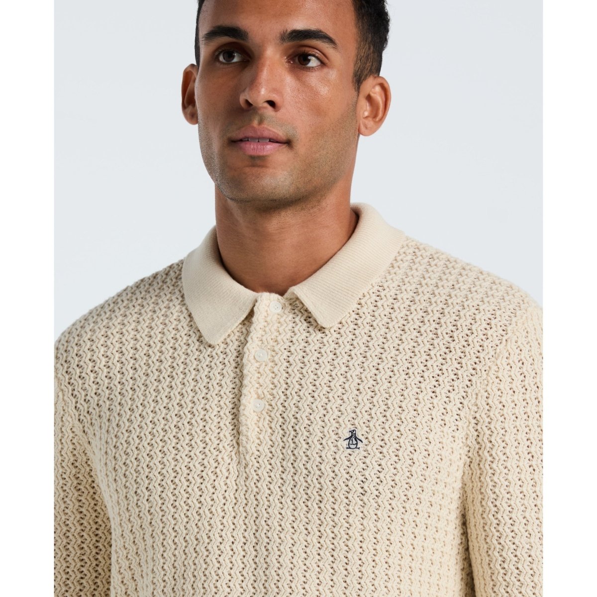 Zigzag Stitch Long Sleeve Sweater Polo In Birch - RUTHERFORD & Co