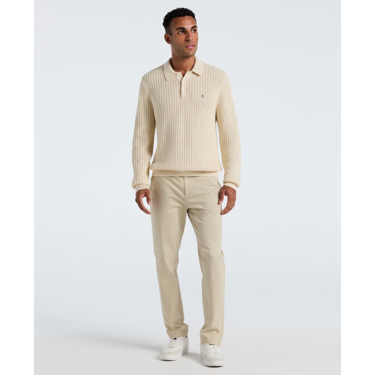 Zigzag Stitch Long Sleeve Sweater Polo In Birch - RUTHERFORD & Co