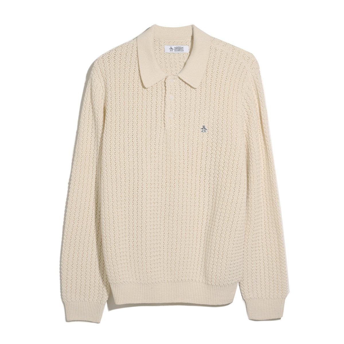 Zigzag Stitch Long Sleeve Sweater Polo In Birch - RUTHERFORD & Co