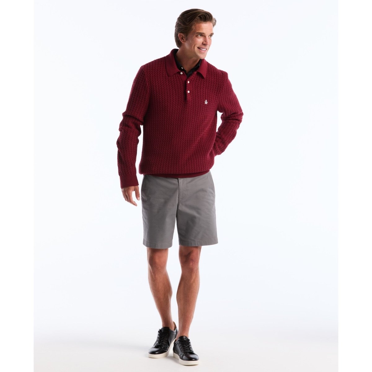 Zigzag Stitch Long Sleeve Sweater Polo In Cabernet - RUTHERFORD & Co