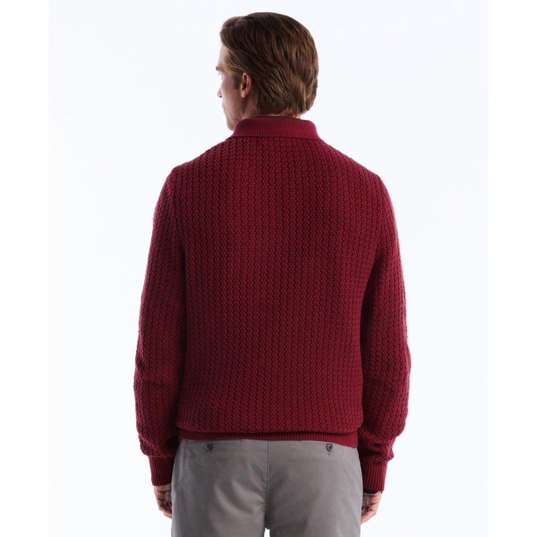 Zigzag Stitch Long Sleeve Sweater Polo In Cabernet - RUTHERFORD & Co