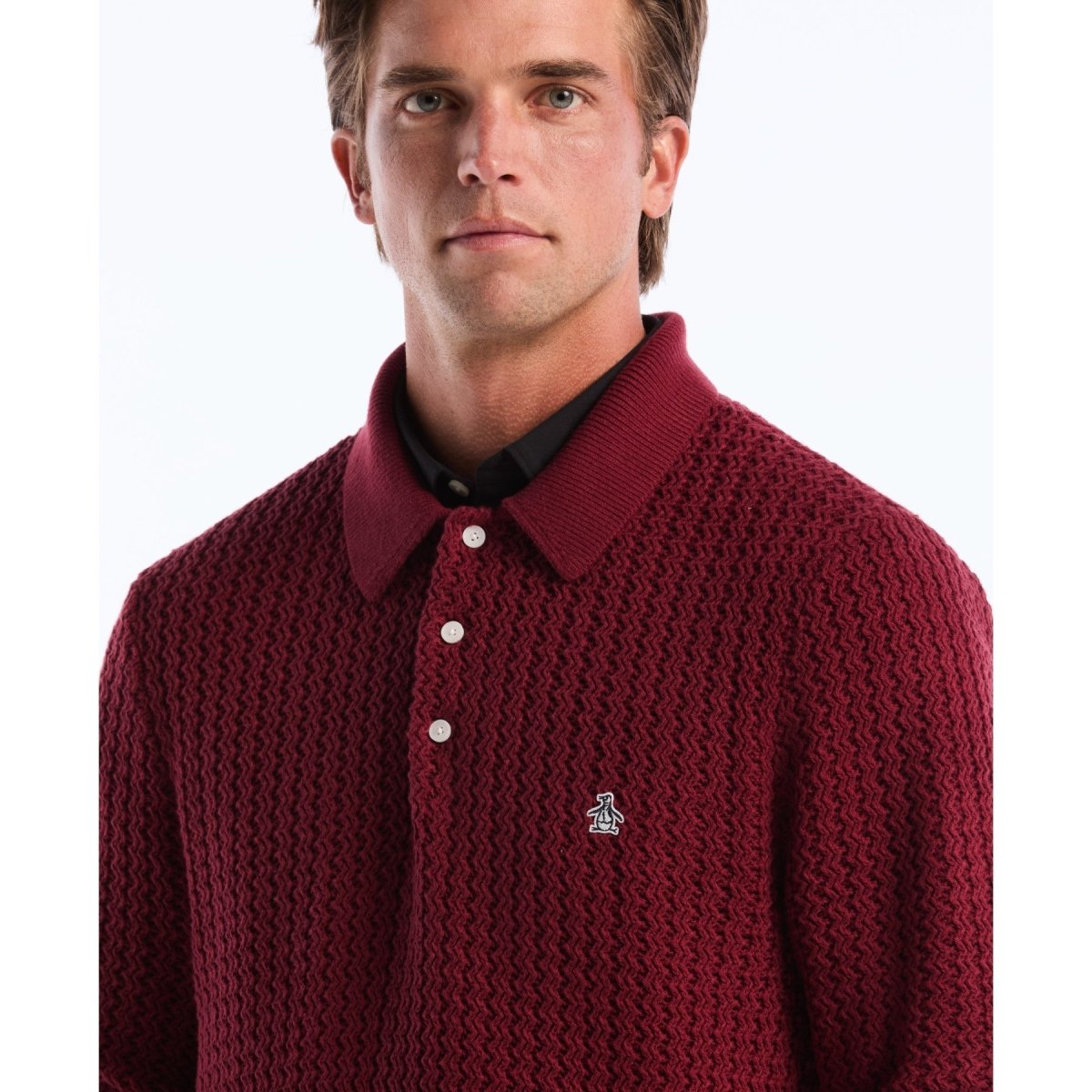 Zigzag Stitch Long Sleeve Sweater Polo In Cabernet - RUTHERFORD & Co