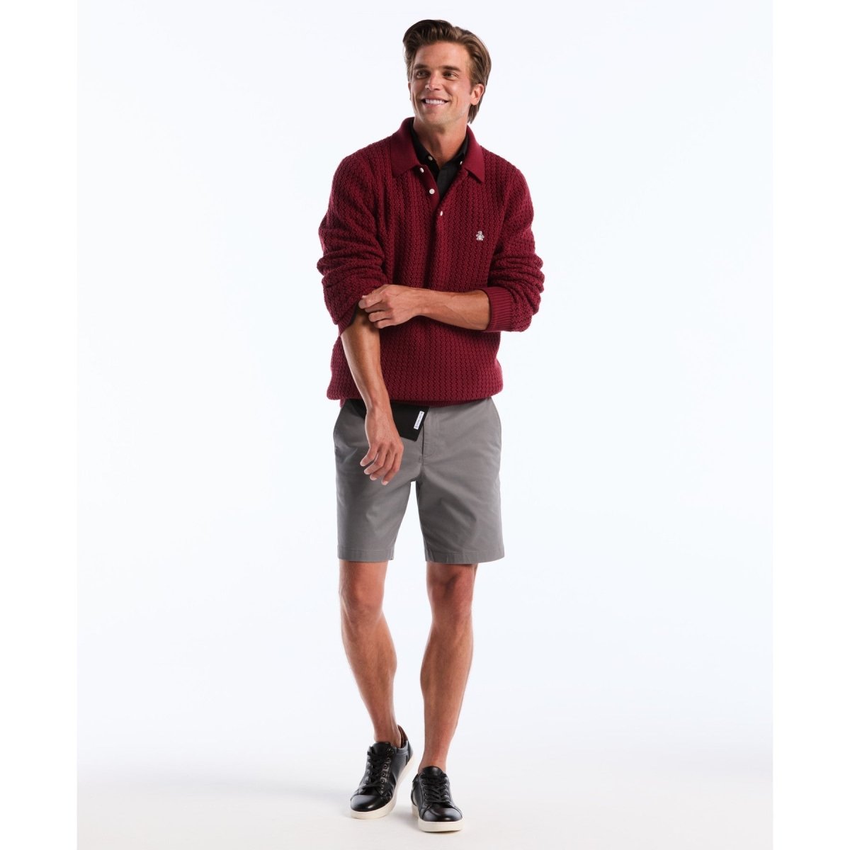 Zigzag Stitch Long Sleeve Sweater Polo In Cabernet - RUTHERFORD & Co