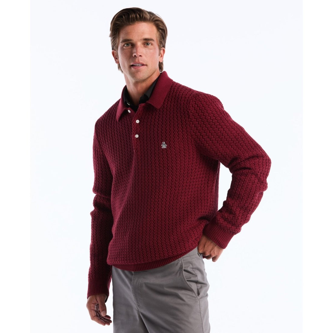 Zigzag Stitch Long Sleeve Sweater Polo In Cabernet - RUTHERFORD & Co