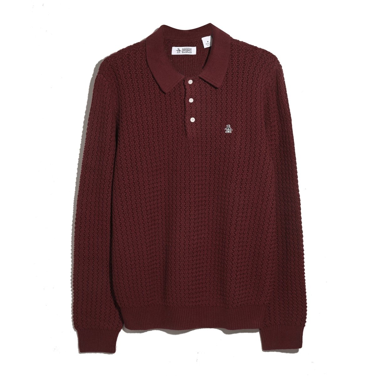 Zigzag Stitch Long Sleeve Sweater Polo In Cabernet - RUTHERFORD & Co