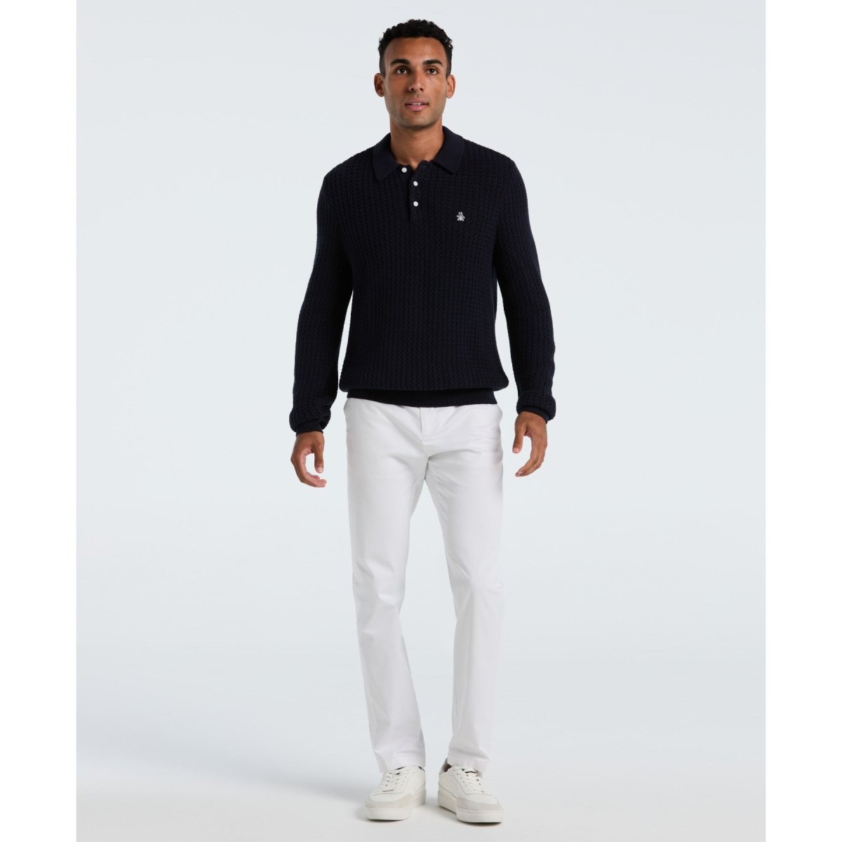 Zigzag Stitch Long Sleeve Sweater Polo In Dark Sapphire - RUTHERFORD & Co