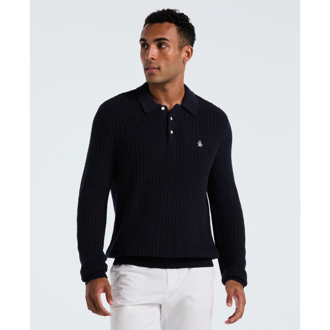 Zigzag Stitch Long Sleeve Sweater Polo In Dark Sapphire - RUTHERFORD & Co