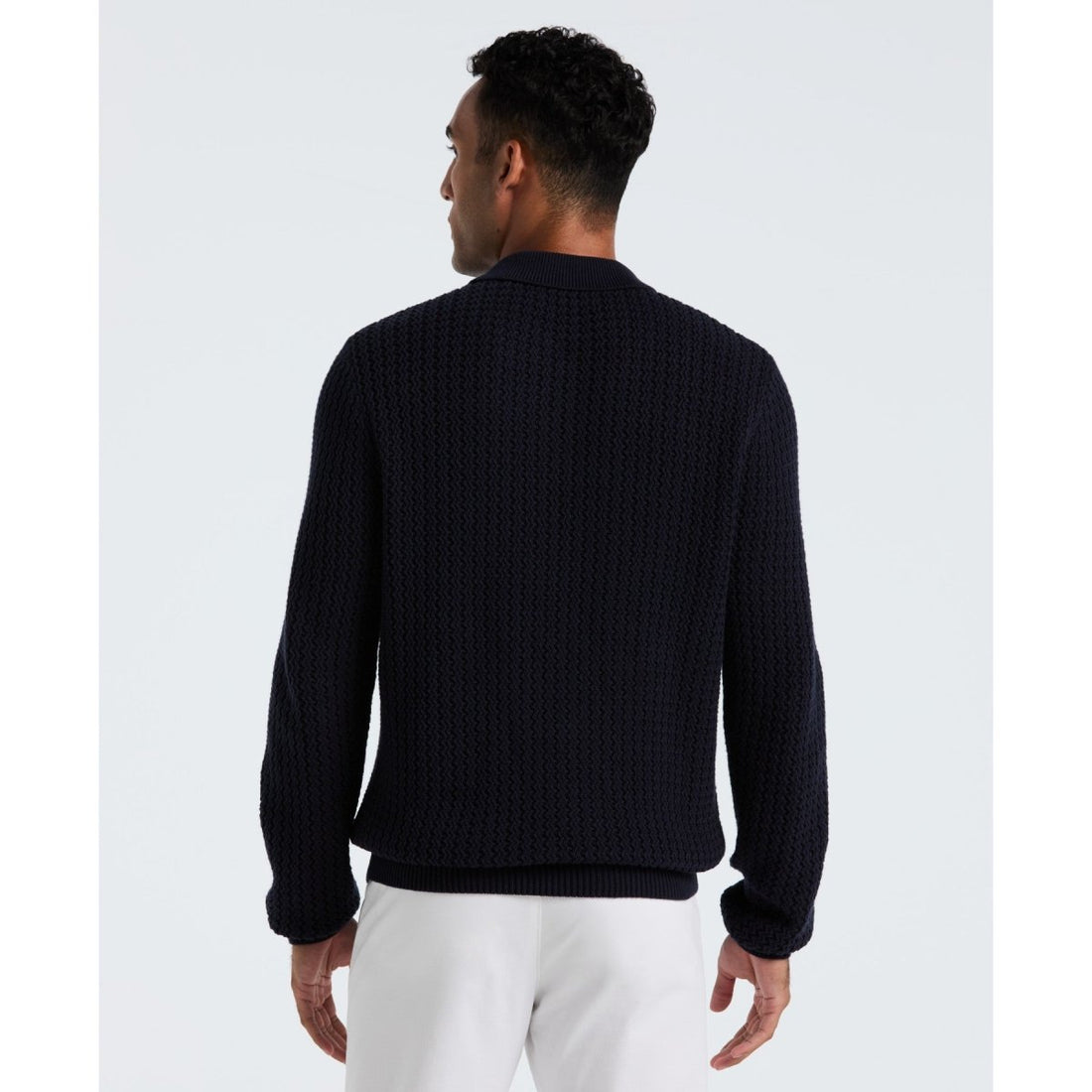 Zigzag Stitch Long Sleeve Sweater Polo In Dark Sapphire - RUTHERFORD & Co