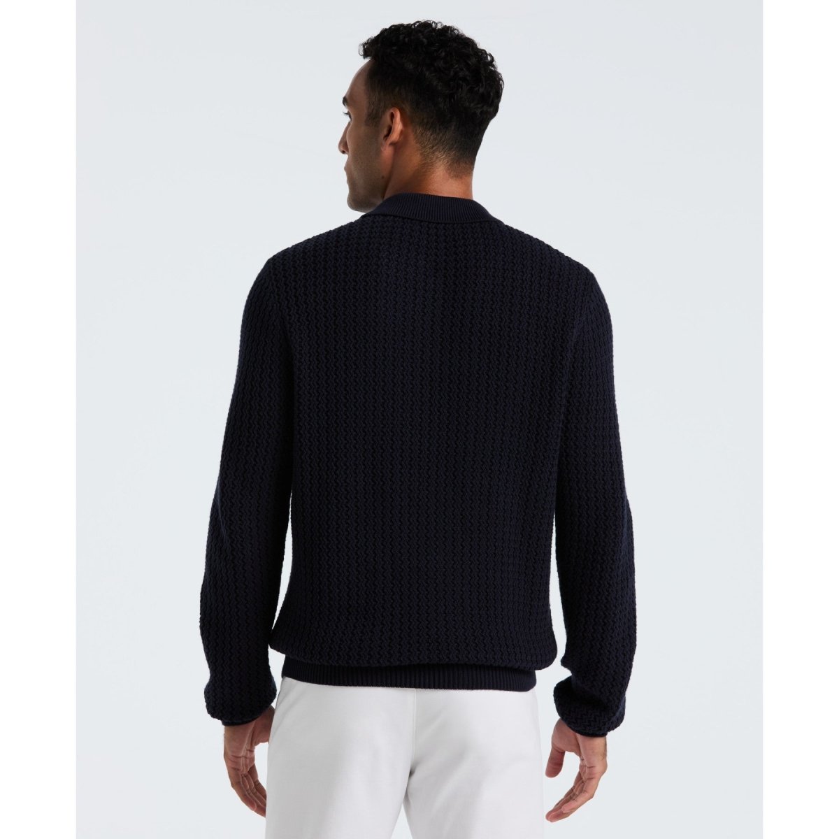 Zigzag Stitch Long Sleeve Sweater Polo In Dark Sapphire - RUTHERFORD & Co