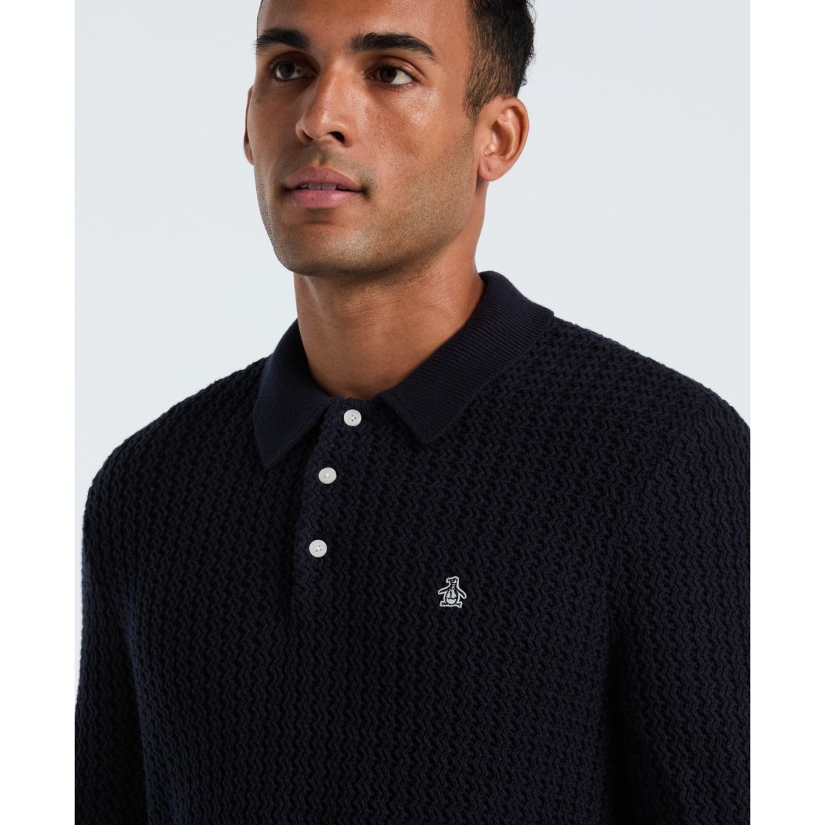 Zigzag Stitch Long Sleeve Sweater Polo In Dark Sapphire - RUTHERFORD & Co