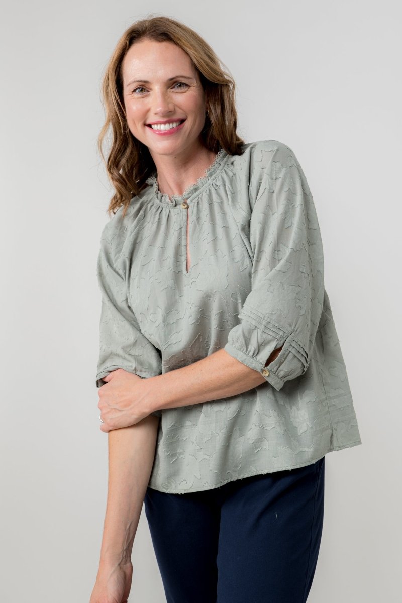 Zoe Cotton Jacquard Keyhole Neck Blouse - RUTHERFORD & Co