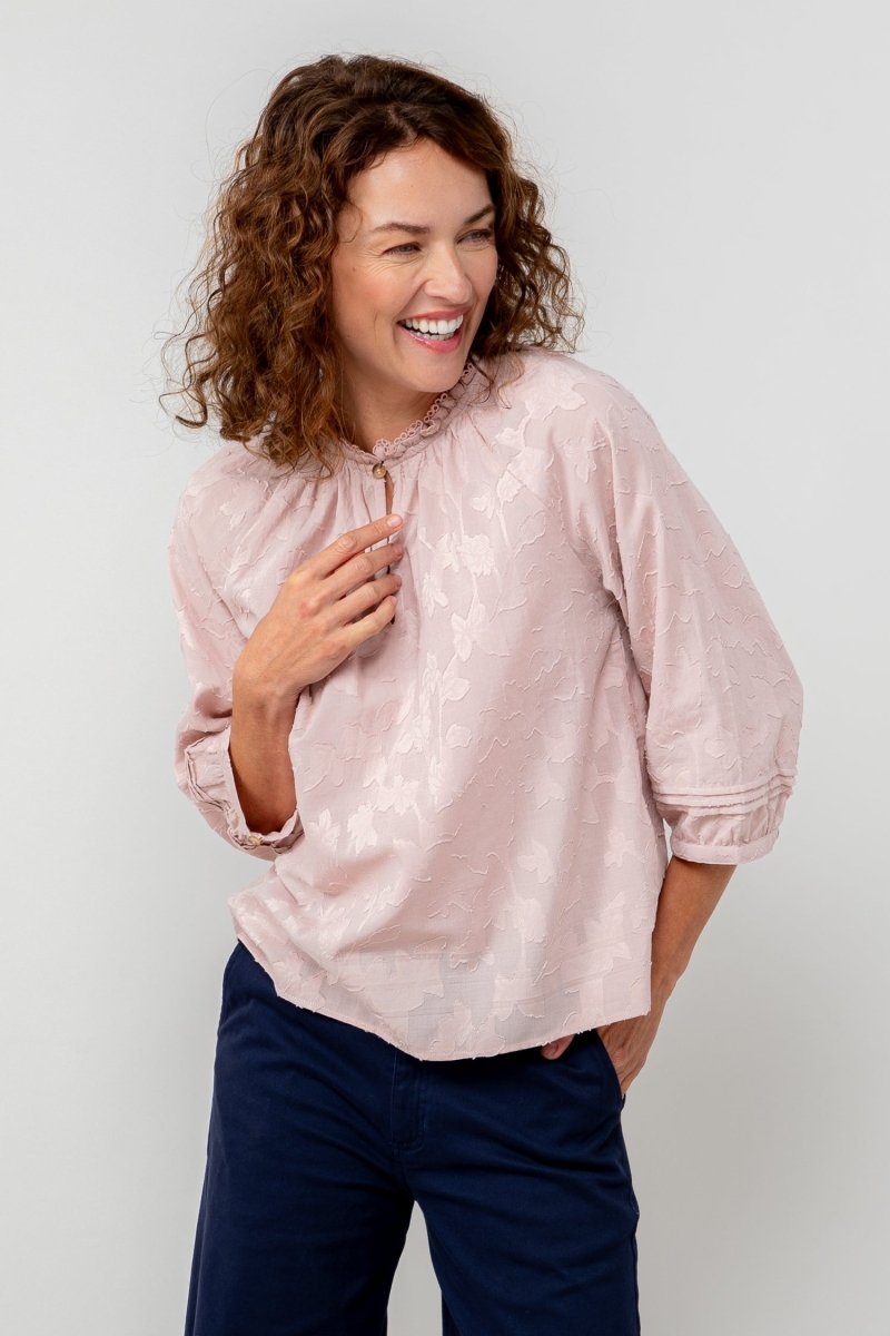 Zoe Cotton Jacquard Keyhole Neck Blouse - RUTHERFORD & Co