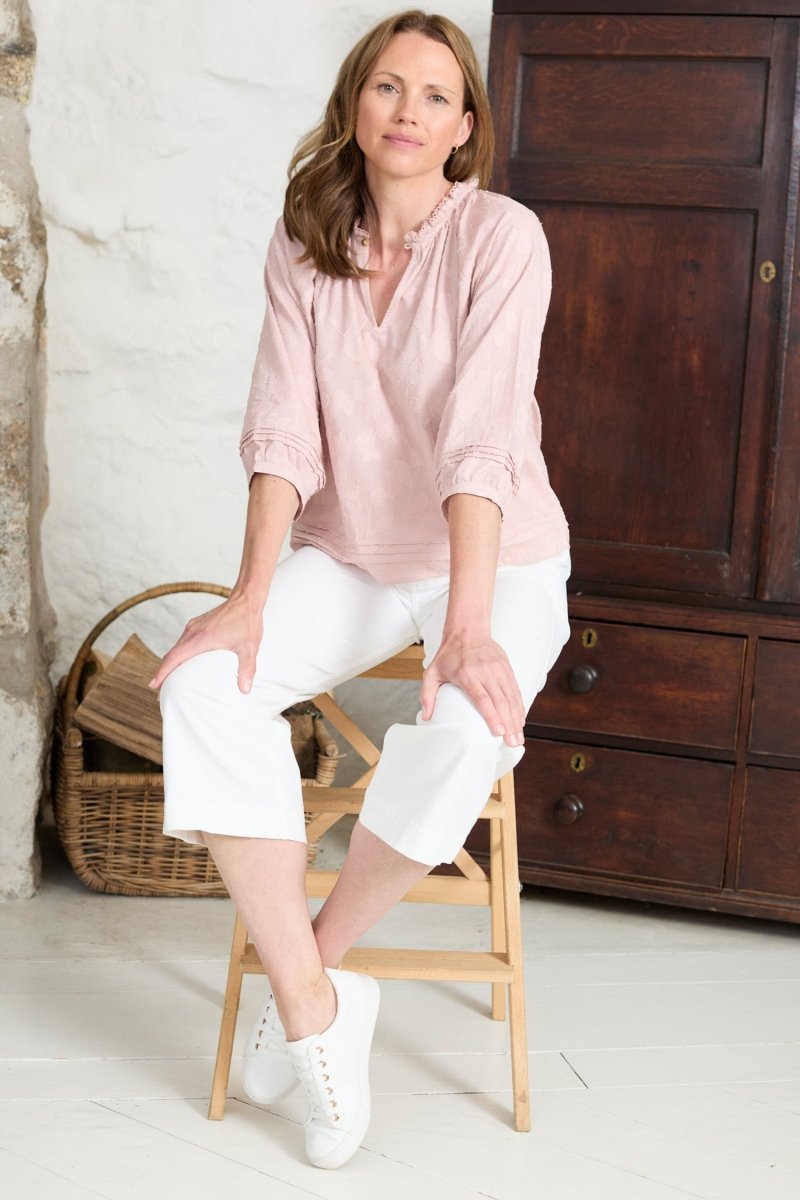 Zoe Cotton Jacquard Keyhole Neck Blouse - RUTHERFORD & Co