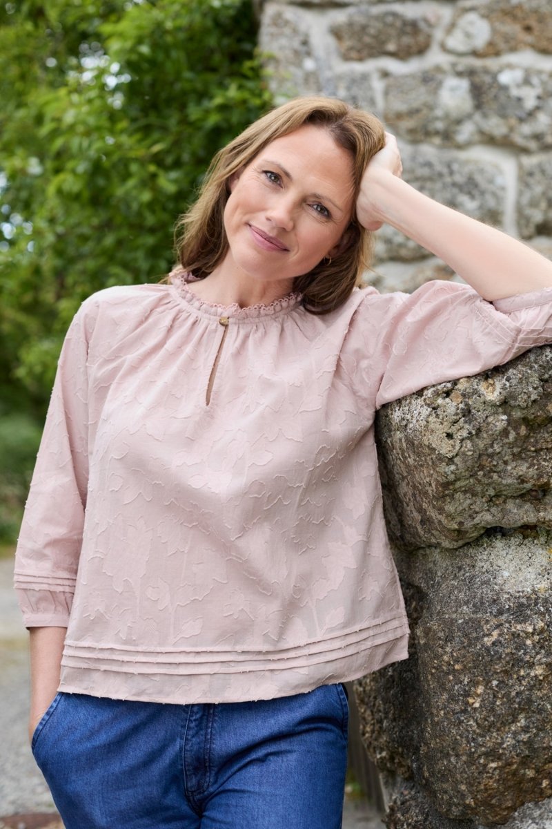 Zoe Cotton Jacquard Keyhole Neck Blouse - RUTHERFORD & Co