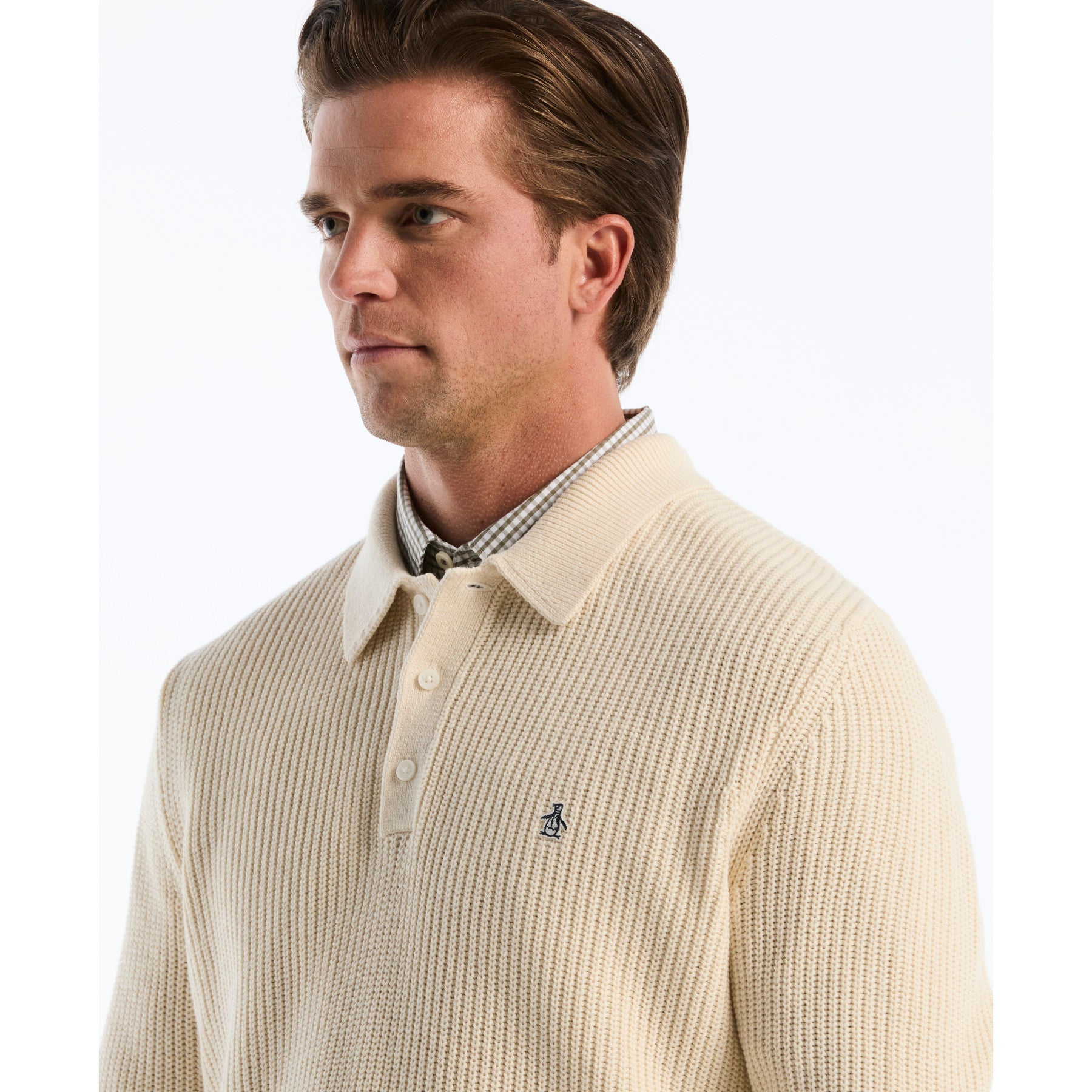 Half Cardigan Long Sleeve Sweater Polo In Birch