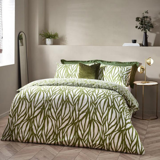 Frond Abstract Cotton Rich Reversible Duvet Cover Set Olive - RUTHERFORD & Co